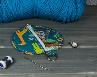 Knitting Notions Bag; Round Zippered Coin Pouch; Dark Turquoise with Bold Animals (large)