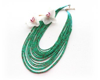 Seed Bead Necklace - Strand Necklace - Beaded Layered Necklace - Turquoise Geen Necklace - Tribal Necklace - Beach Necklace - Choker