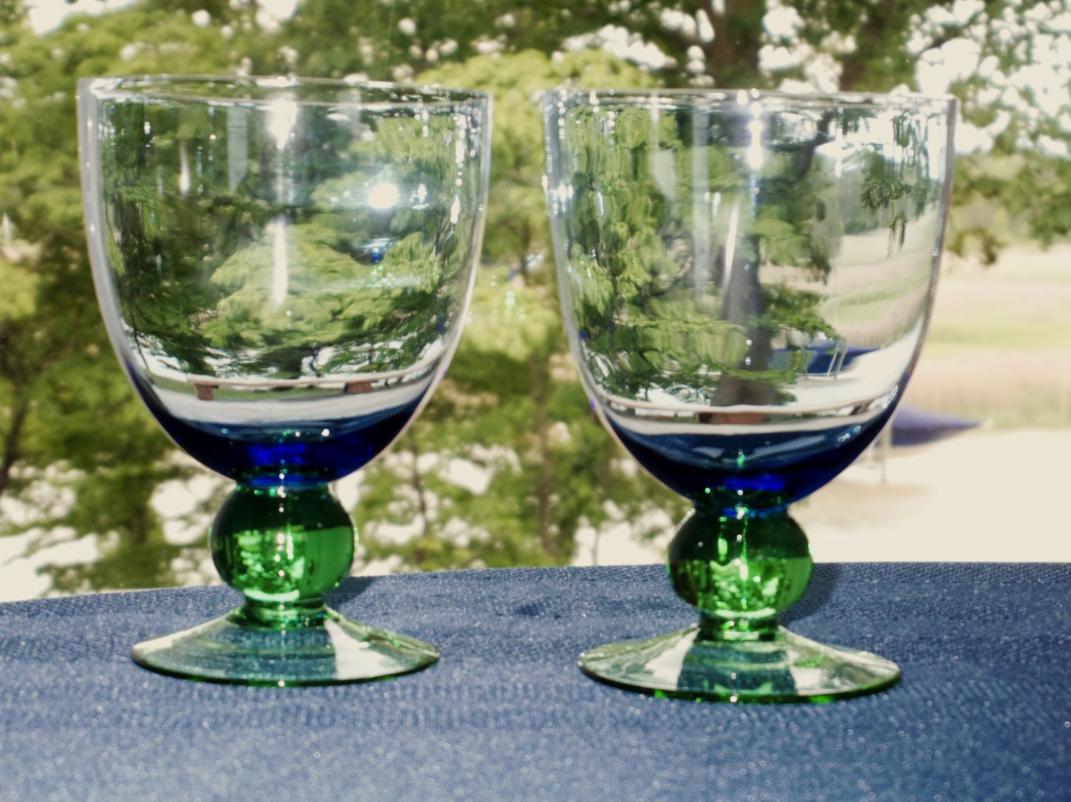 2 BLUE GOBLETS GREEN Ball Stem Foot Goblets Water by GlassPalace