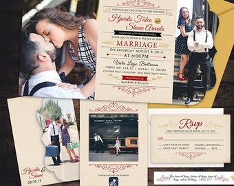 Retro Vintage Tri-fold Wedding Invitation - Boutique Tri Folded - Photo Wedding Invites - Custom Typography - Unique Wedding Invitations