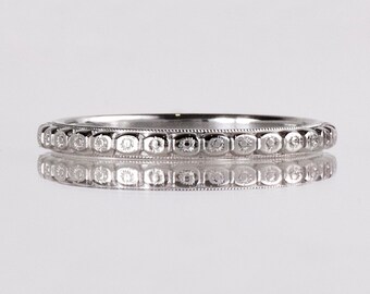 Antique Wedding Band - Antique 1920s 18K White Gold "White Rose" Wedding Band