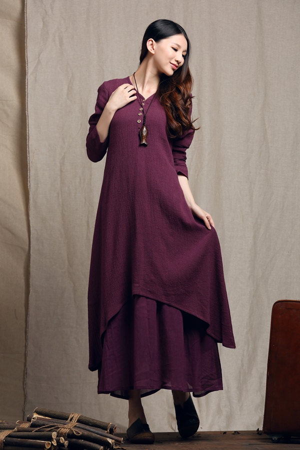 maxi dress in purple long linen dress layered by camelliatune