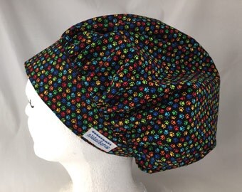 Scrub Hat Bouffant Style Black with Bright Multicolor Animal Paws