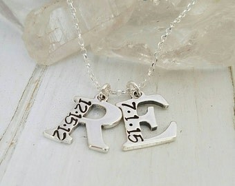 2 Letter, Initial Date Necklace, Sterling Silver, Custom Made, Initial Letter Necklace, Personalized, Hand Stamped, Mommy Initial Necklace
