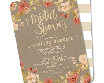 Fall Bridal Shower Invitation Autumn Watercolor Floral Burnt Orange Peach Coral Kraft ANY EVENT