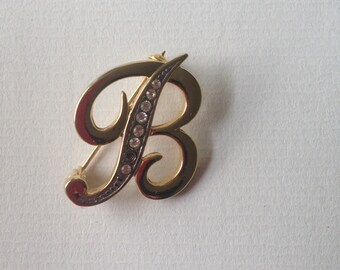 Vintage Monogram B Brooch/ Gold Tone Clear Rhinestones