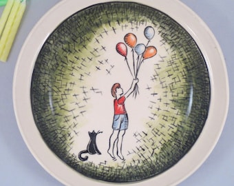 7" Ceramic Cake Plate- Hand Painted Ceramic Plate, Special Occasion Plate to Celebrate Boy with Balloons and Cat,