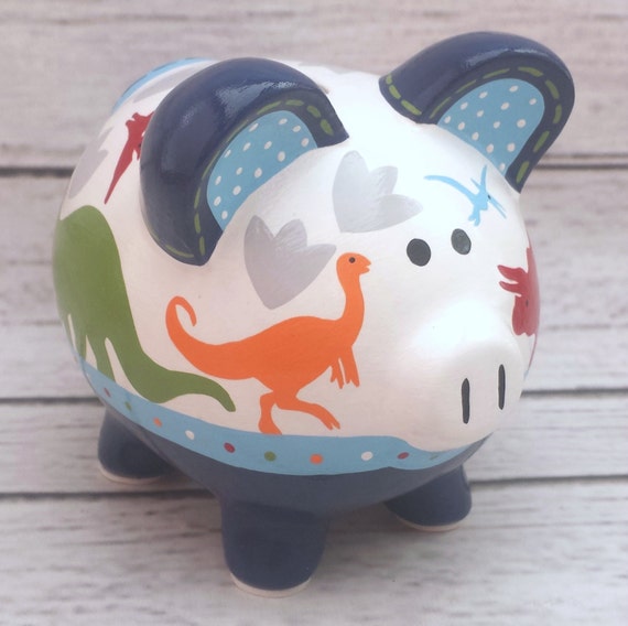 Personalized Piggy bank Dinosaur Artisan hand painted ceramic