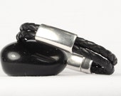 Bracelet Mens, Black braided bracelet, Silver tube slider, Magnetic clasp, CarolMade Ms21 Bracelet Mens, Black braided bracelet, Silver tube slider, Magnetic clasp, CarolMade Ms21