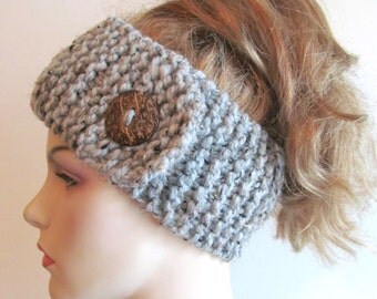 Wool Knit Headbands Button Grey Tweed Earwarmers Spring Fall Winter Accessories Headcovers Womens Girls Headwraps
