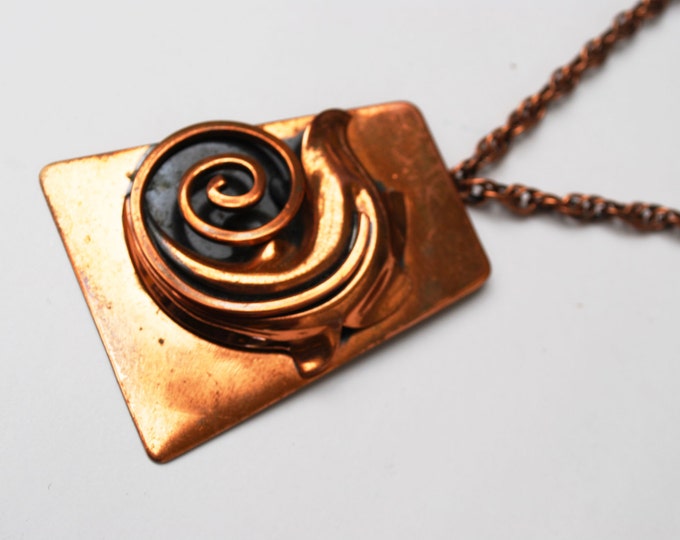 Copper Mid Century Modern Leaf Swirl Pendant and Copper chain Necklace