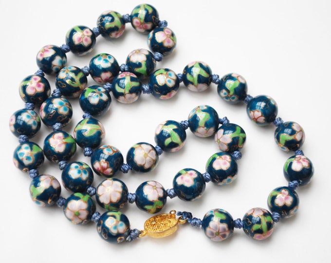 Cloisonne flower Bead Necklace - Aqua Turquoise Blue Green white gold Enameling - Hand knotted 12 mm Chinese beads - 23 inches