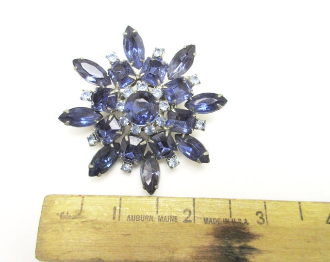 Blue Rhinestone Flower Brooch - Mid Century - silver metal - blue crystal - Atomic Pin