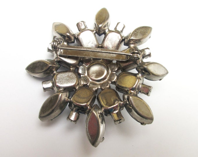 Blue Rhinestone Flower Brooch - Mid Century - silver metal - blue crystal - Atomic Pin