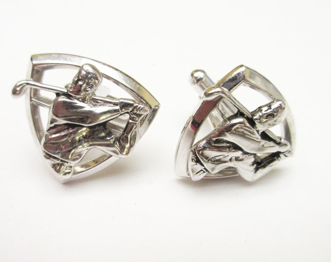 Golfer cuff link - Signed Hickok - silver tone - Mid century - Mens cufflinks