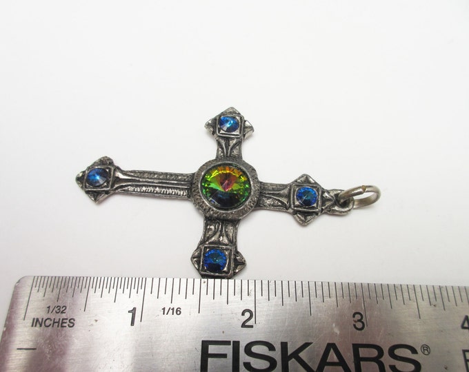 cross pendant - Green Yellow rivoli and blue rhinestone - Religious - Santa Maria