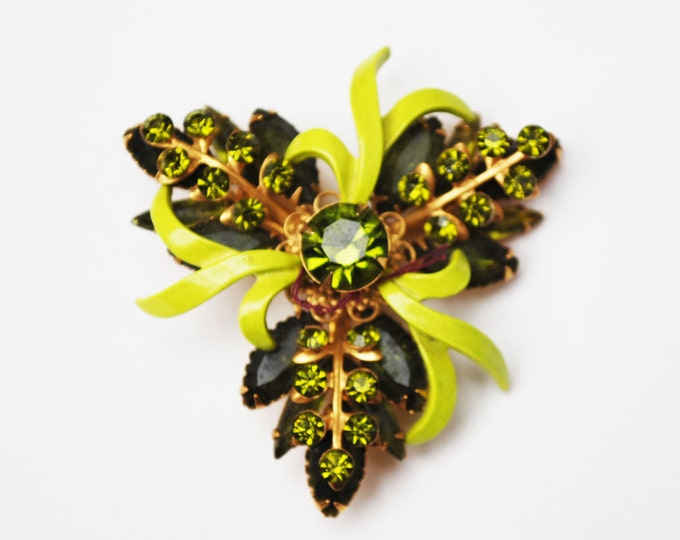 Green Rhinestone Enamel Floral Brooch mid century flower pin