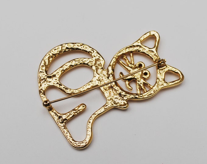 Cat Brooch Gold with colorful rhinestone kitten pin