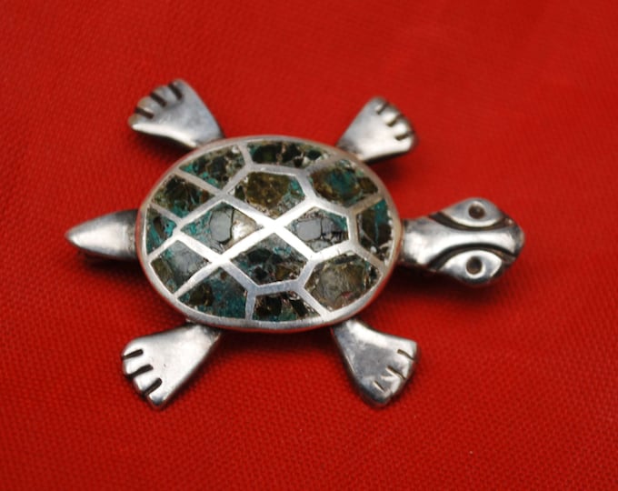 Sterling Turtle Brooch - Abalone shell inlay - Taxco Mexico - eagle assay mark 3 MM