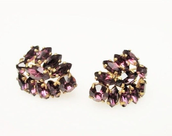 Czech Purple Rhinestone Earrings screw back gold plated mid century