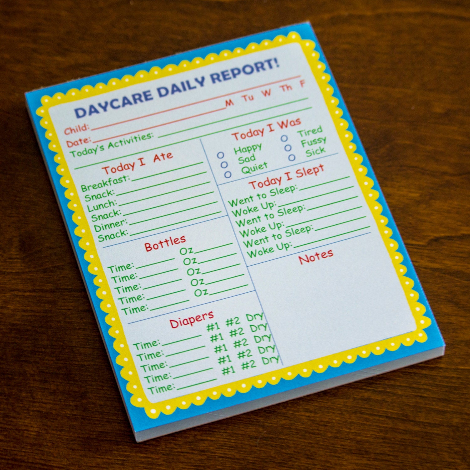 Daycare Daily Report 50 page notepad Daycare Note pad