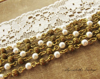 Vintage Pearl & Brass Beaded Rosary Chain 4mm Pearls Fluted Brass Beads - 1 ft.