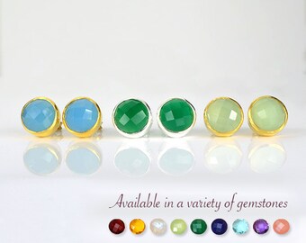 Gemstone studs, Round studs, green onyx studs, blue chalcedony post earrings, green chalcedony earrings bridesmaid gifts for her bezel studs