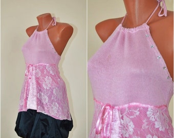 Pink Vintage Crochet HALTER size S M 34 36 Fishnet Sleeveless Top Knit Long Sexy Backless Women Tank