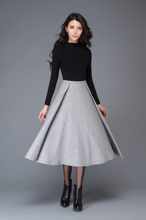 light grey skirt wool skirt winter skirt swing skirt high