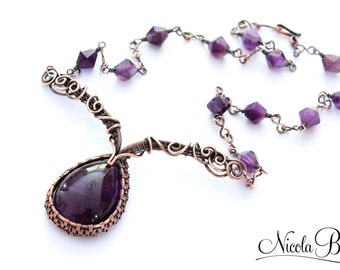 Copper and Amethyst Tudor Princess Wire Wrapped Necklace.