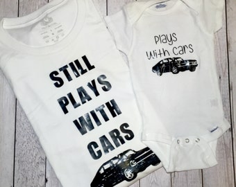 Fathers day shirt- dad and baby matching shirts- custom vinyl dad tee- i play with cars- custom vinyl baby bodysuit -custom fathers day gift