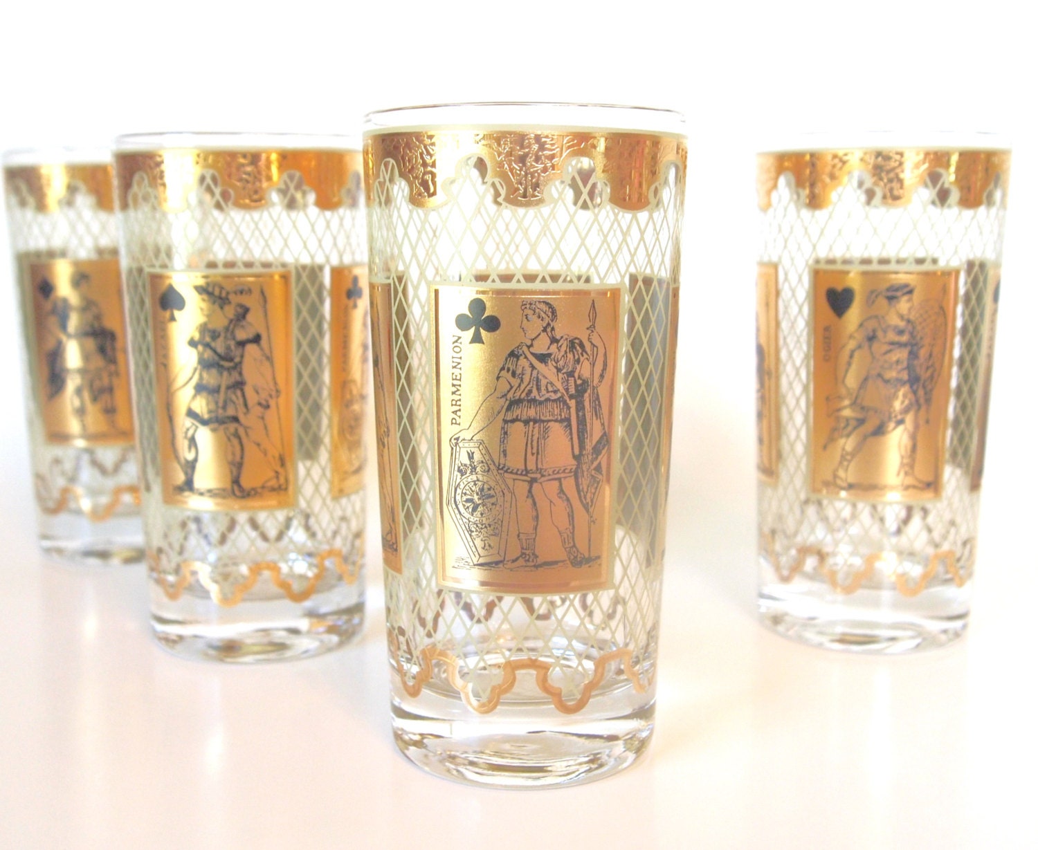 Vintage Drinking Glasses 22K Gold Playing Cards Design