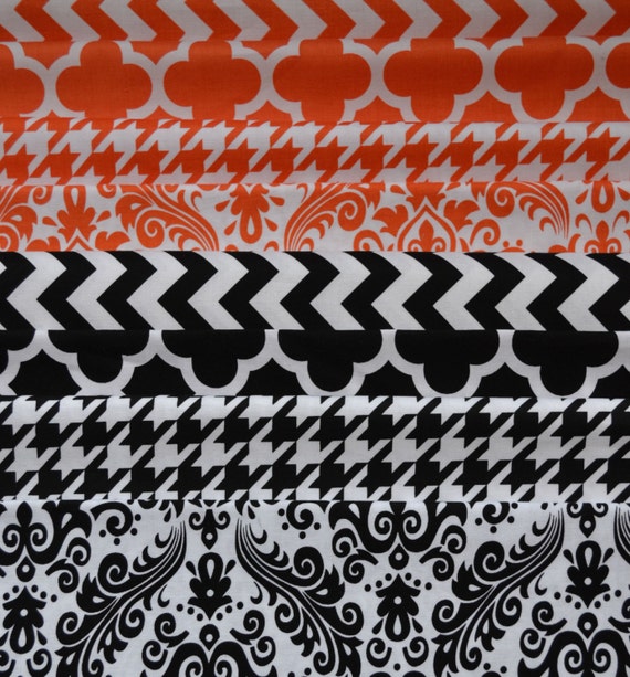 Orange Black and White Fabric Bundle 8 Fat Quarters by RunnStitch