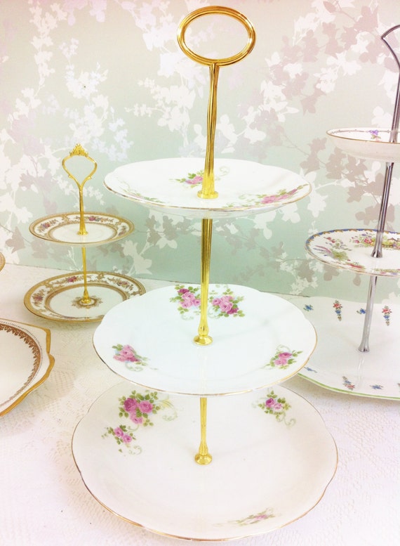 Vintage Pink Rose 3 Tier Cake Stand by LavenderRoseCottage on Etsy