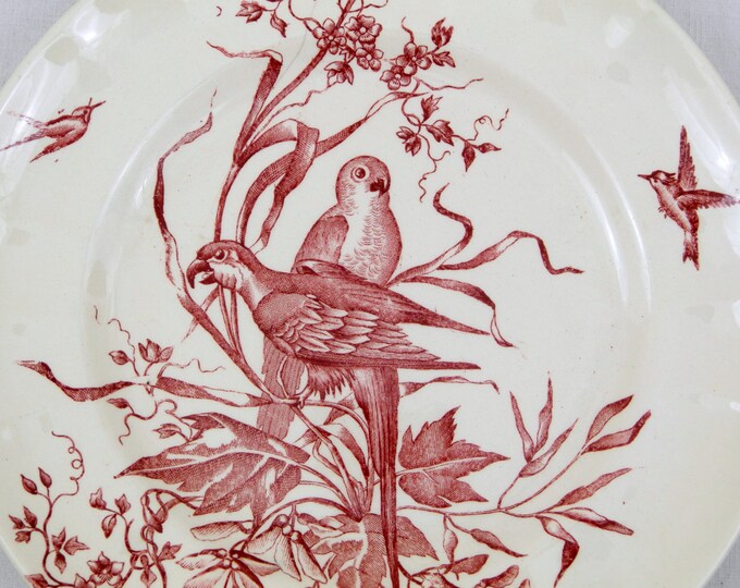 Antique French Ironware Longchamp China Wall Plate with a Burgundy Red 2 Parrots Pattern, Vintage Retro Chateau Chic, French Country Decor Antique French Ironware Longchamp China Wall Plate with a Burgundy Red 2 Parrots Pattern, Vintage Retro Chateau Chic, French Country Decor