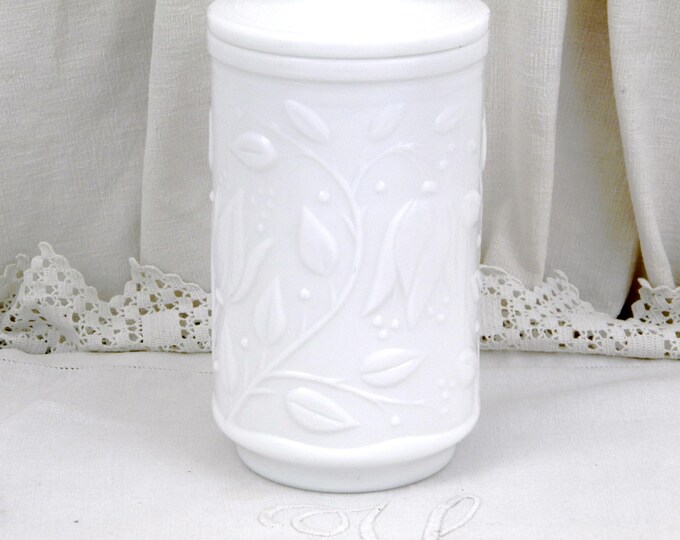 Vintage White Milk Glass Apothecary Decorative Jar with an Embossed Leaf Pattern, Opalex, Verre Opale, French Vintage Decor, Shabby Chic