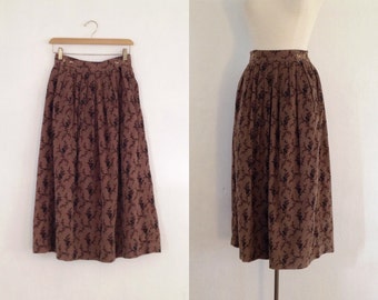 full midi skirt / floral midi skirt / long full skirt vintage high waisted corduroy brown