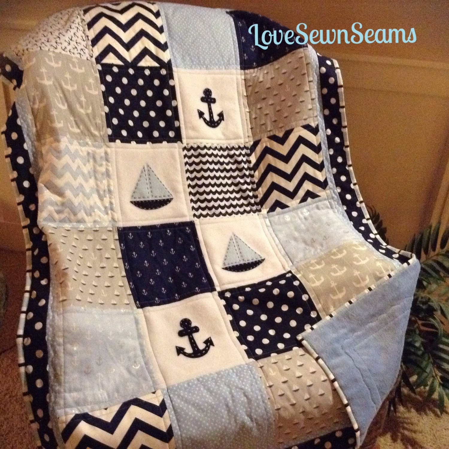 Nautical Sailing Crib Size quilt in blue navy by Lovesewnseams