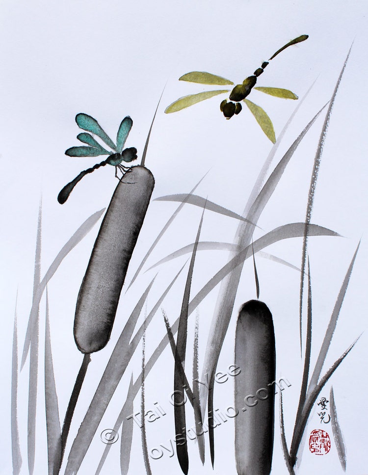 Sumie and watercolor dragonflies original by FlowWithTheBrush