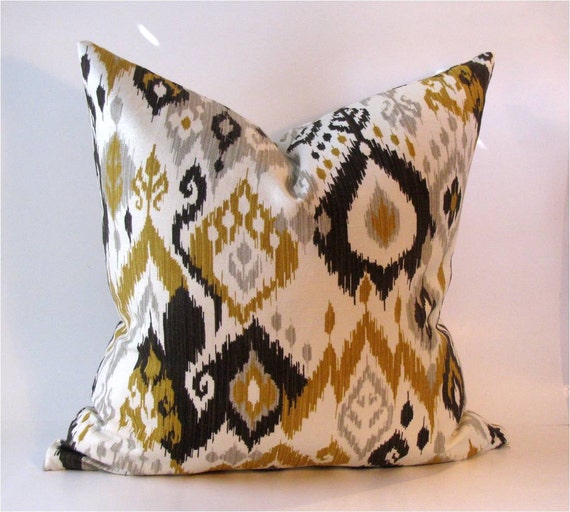 White Brown and Gold Printed Ikat Pillow Cover by EviaMaeAndAlex