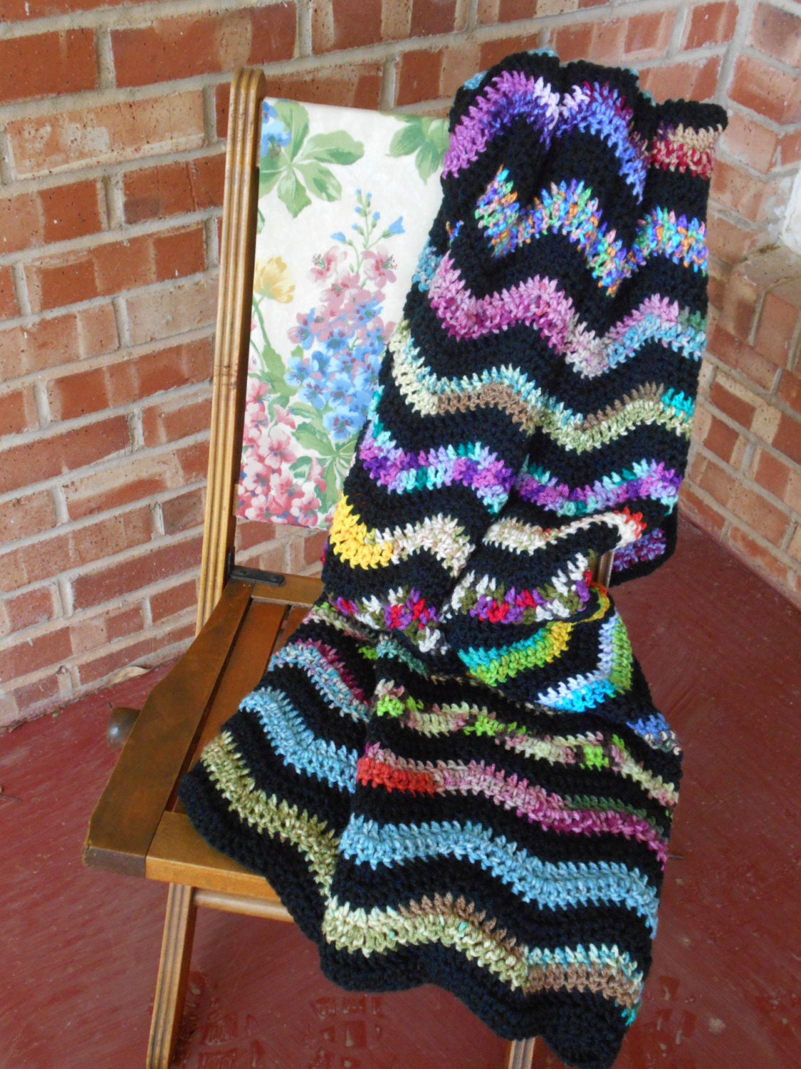 Crochet afghan sofa throw black & multi color ripple