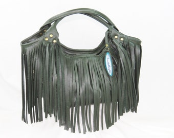 Khaki Green Leather Fringe Tote - Leather Purse - Fall Tote Bag - Autumn Purse - Made in USA