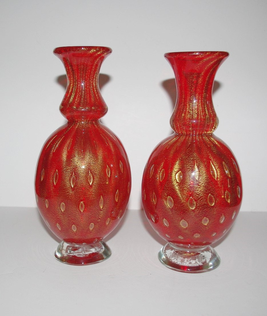 RESERVED FOR PIERRE // 2 Murano Glass Vases Red with Gold