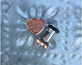 Tiny glitter Heart in rose gold stainless steel plugs for gauged or stretched ears sizes: 14g, 12g, 10g, 8g, 6g, 4g, 2g