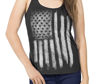 4th of July American Flag Tank Top Triblend Racerback Hand Screen Print