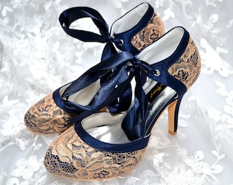 Custom handmade Navy Blue satin & gold lace bow tie front mid heel bridal wedding ankle mary jane dorsay court