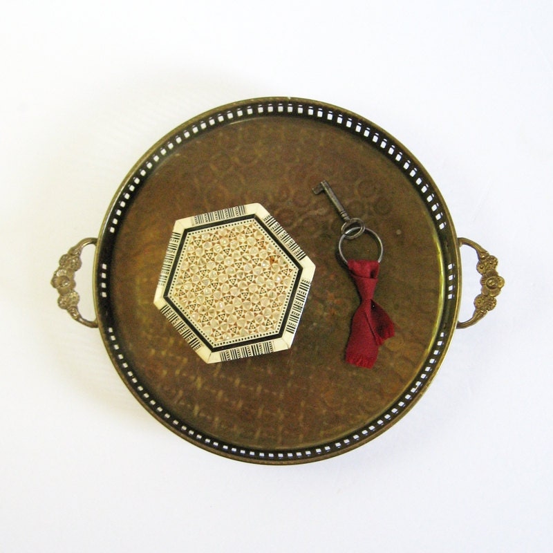 Vintage Round Brass Tray with Handles 10 Inch Brass Serving