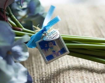 Something Blue Wedding Bouquet Photo Charm with silver charm- Memorial Photo Charm- PICTURE PRINTING INCLUDED