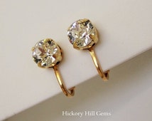 Vintage Faceted Glass Square Crystal Clip-On Earrings – Gold Plated, Non-Pierced, Prom Jewelry