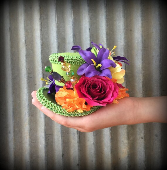 Micro Mini Top Hat Lime Green Flower hat Alice in by ChikiBird